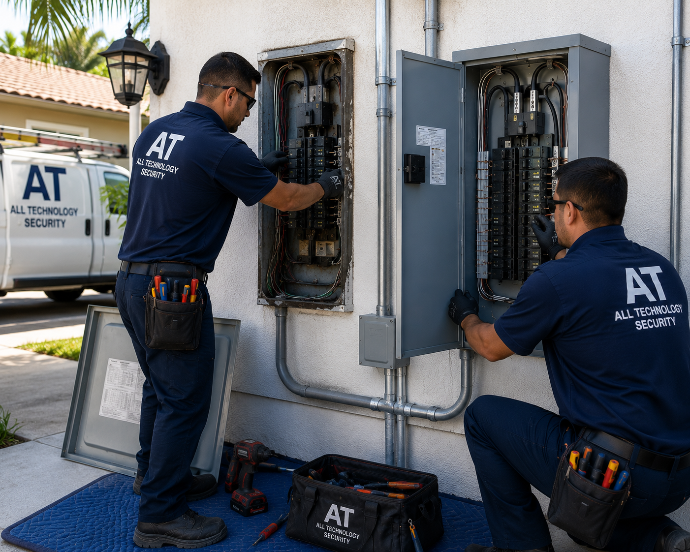Old electrical panel being replaced with new 200A panel by All Technology Security in Sarasota FL — before and after upgrade