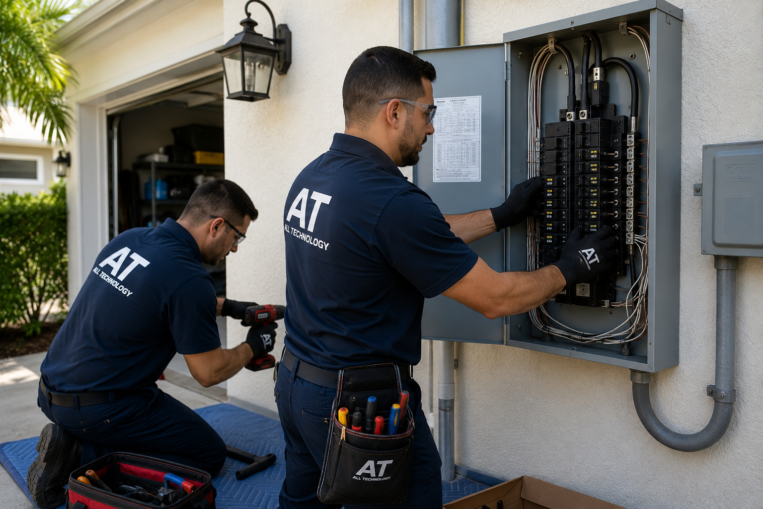 All Technology Security licensed electricians upgrading an electrical panel at a Sarasota FL home