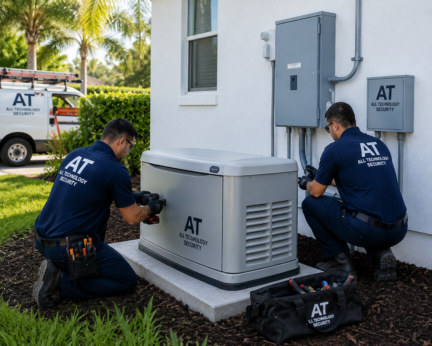 All Technology Security team installing a standby generator at a Sarasota FL residential property — transfer switch and panel visible