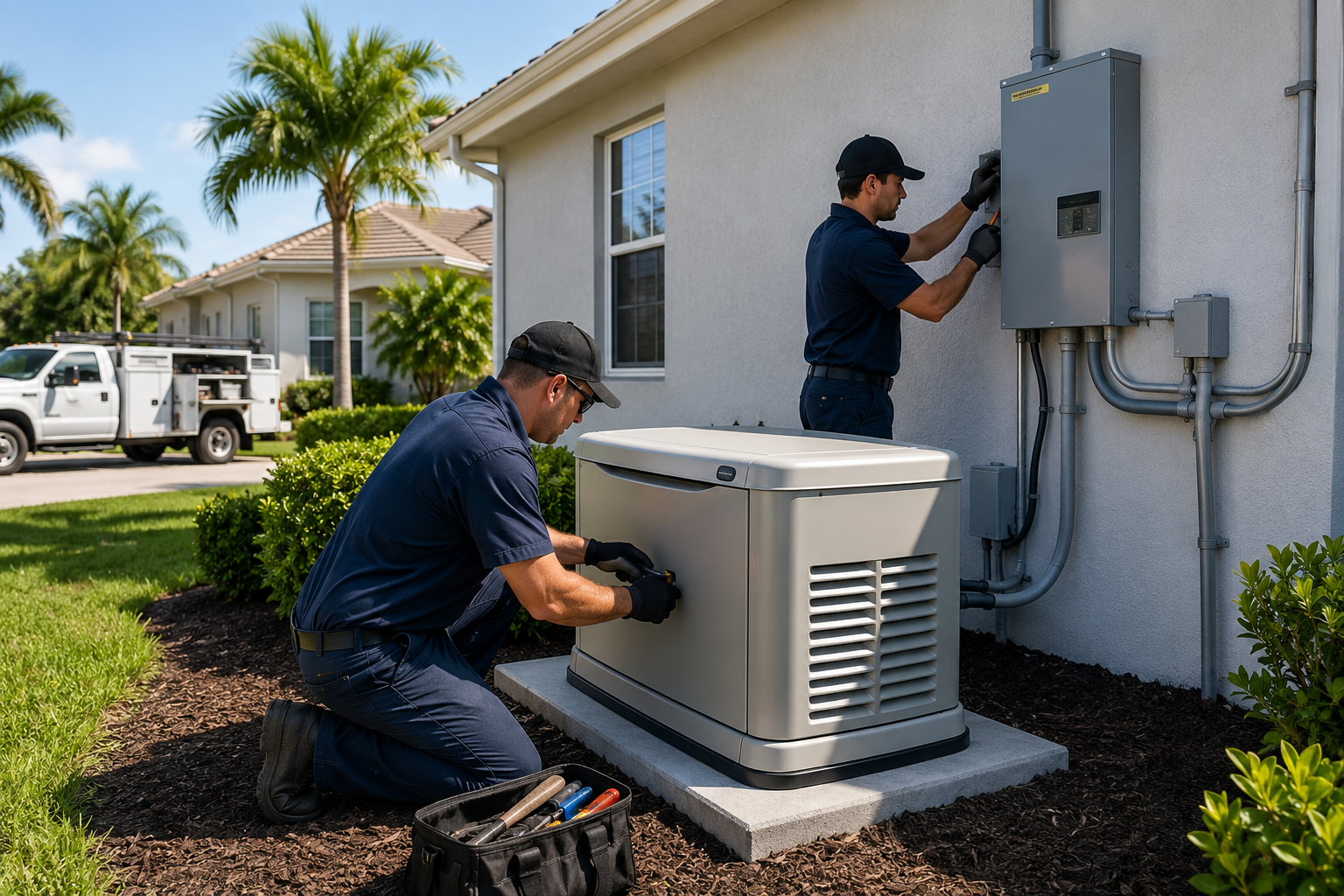 Licensed electricians installing a standby generator at a residential home in Sarasota FL — All Technology Security